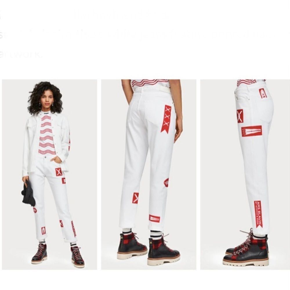 Scotch & Soda Graphic Patch Jeans White Slim Boyfriend Size 28 NWT